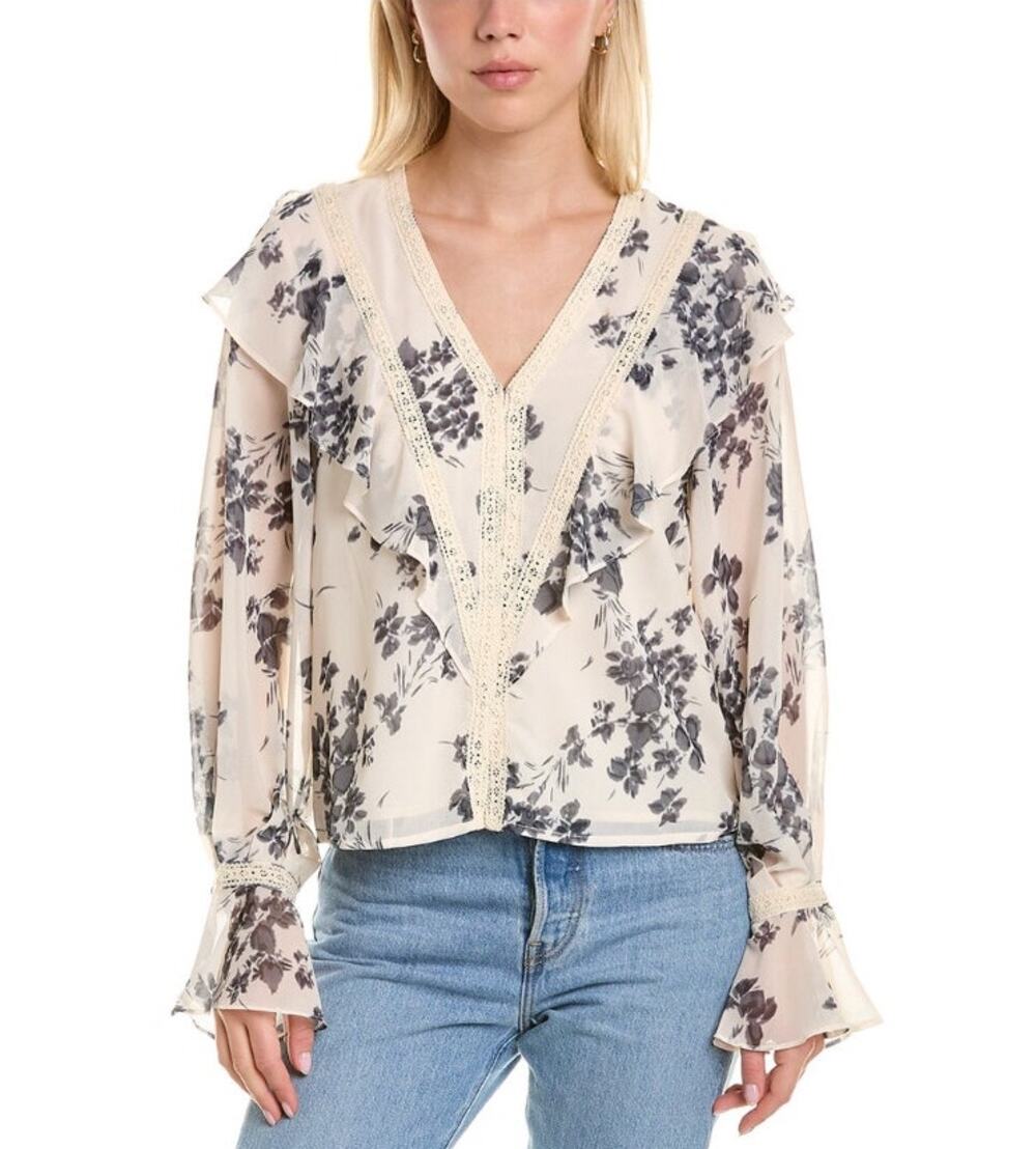 Allison New York Jules Blouse Cream Black Size Large NWT Ruffles Cuffs Lace Trim